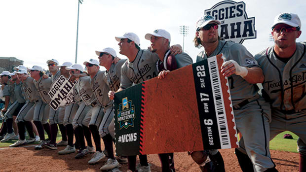 The Texas A&M baseball team celebrates at home plate after sweeping Louisville in the super regionals to advance to the College World Series. The Aggies now face an Oklahoma team in Omaha over which they have a six-game winning streak.